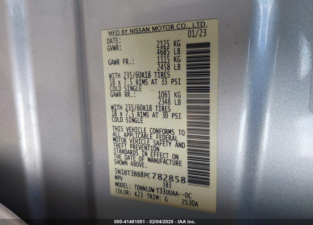 2023 NISSAN ROGUE VIN: 5N1BT3BB8PC782858