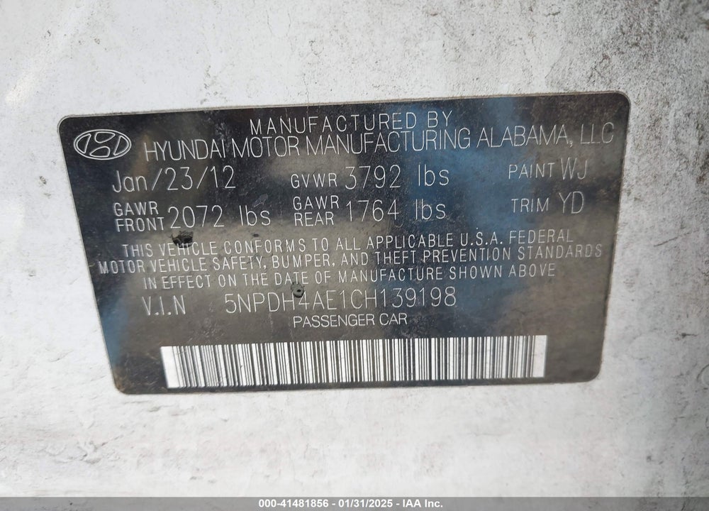 2012 HYUNDAI ELANTRA GLS VIN: 5NPDH4AE1CH139198