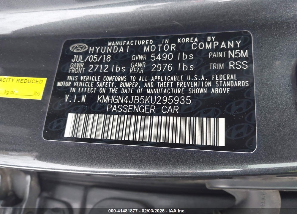 2019 GENESIS G80 VIN: KMHGN4JB5KU295935