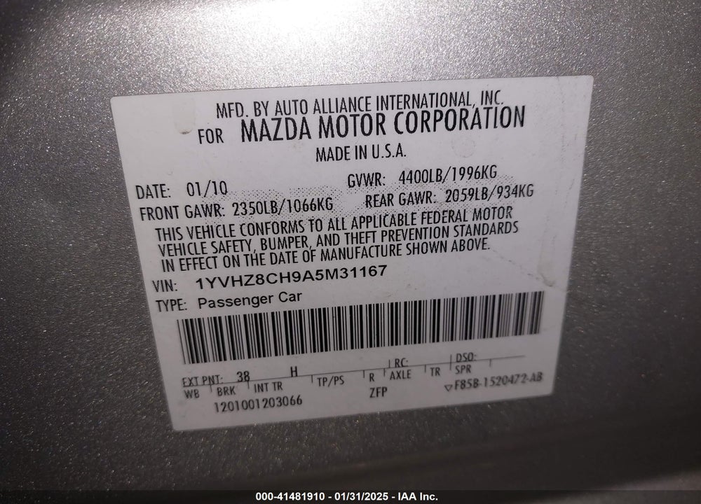2010 MAZDA 6 VIN: 1YVHZ8CH9A5M31167
