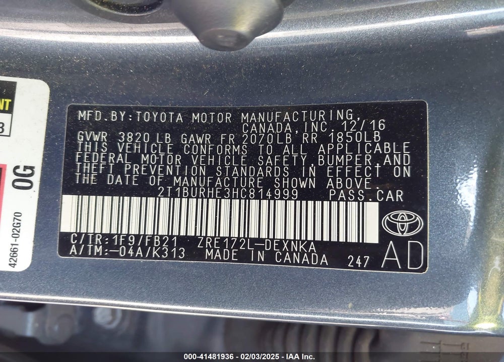 2017 TOYOTA COROLLA VIN: 2T1BURHE3HC814999