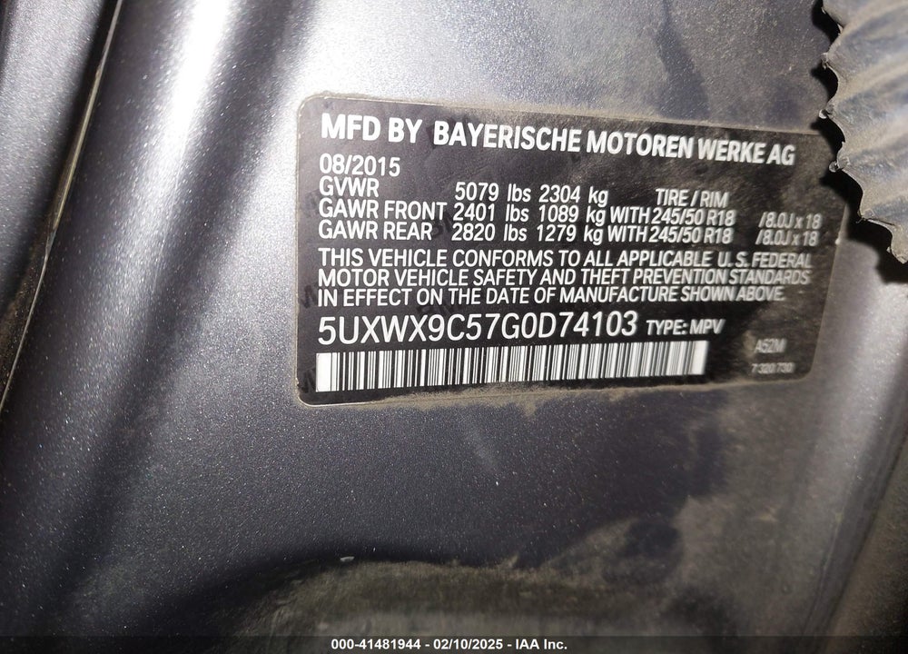 2016 BMW X3 XDRIVE28I VIN: 5UXWX9C57G0D74103