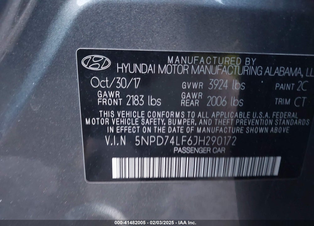 2018 HYUNDAI ELANTRA VIN: 5NPD74LF6JH290172