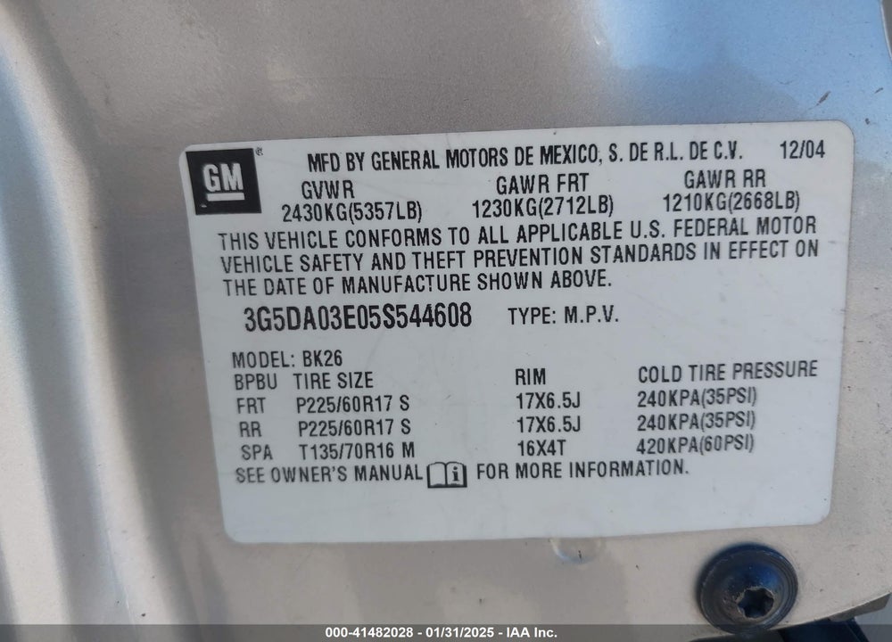 2005 BUICK RENDEZVOUS CX VIN: 3G5DA03E05S544608