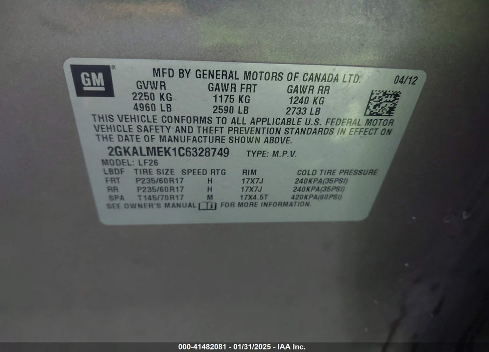 2012 GMC TERRAIN SLE-1 VIN: 2GKALMEK1C6328749