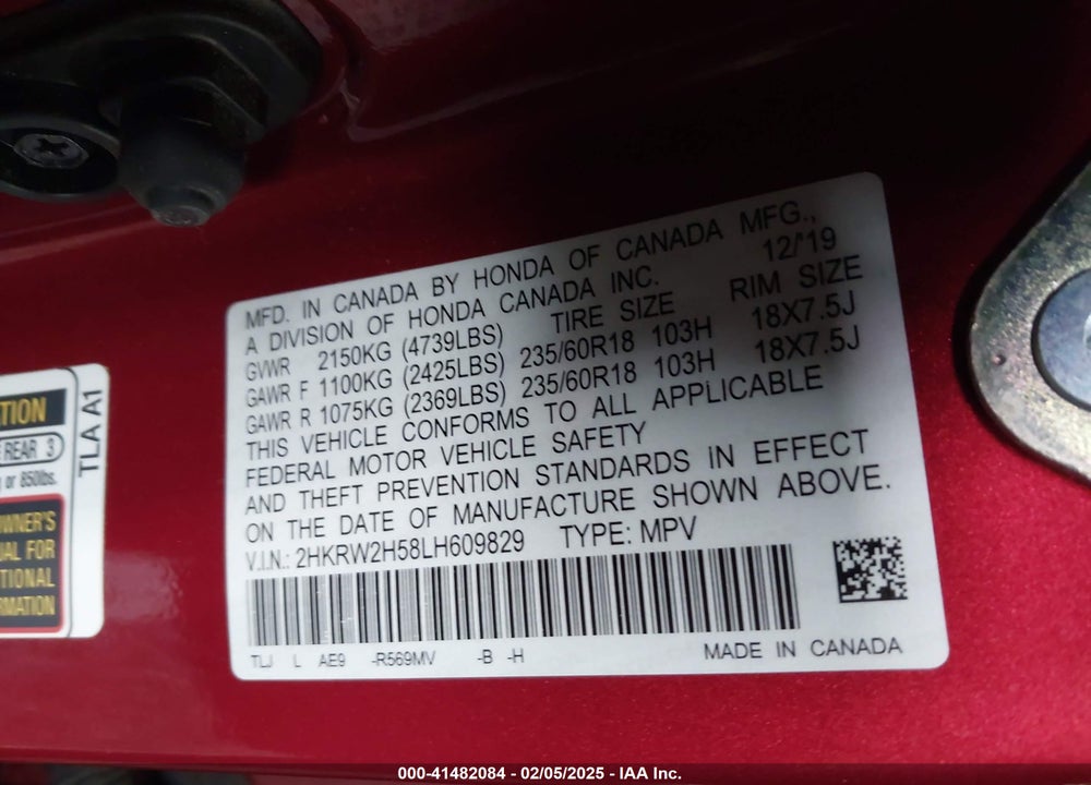 2020 HONDA CR-V VIN: 2HKRW2H58LH609829