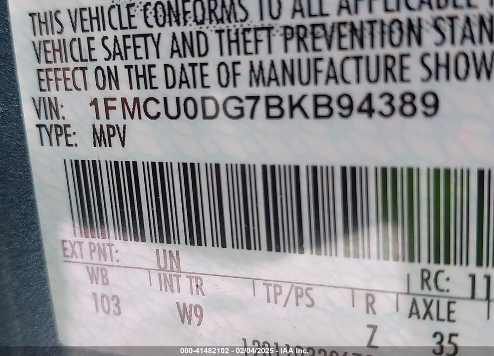 2011 FORD ESCAPE XLT VIN: 1FMCU0DG7BKB94389