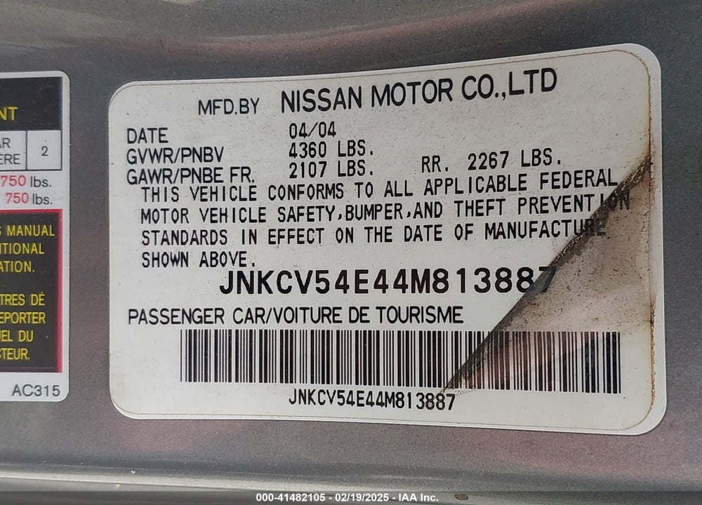 2004 INFINITI G35 VIN: JNKCV54E44M813887