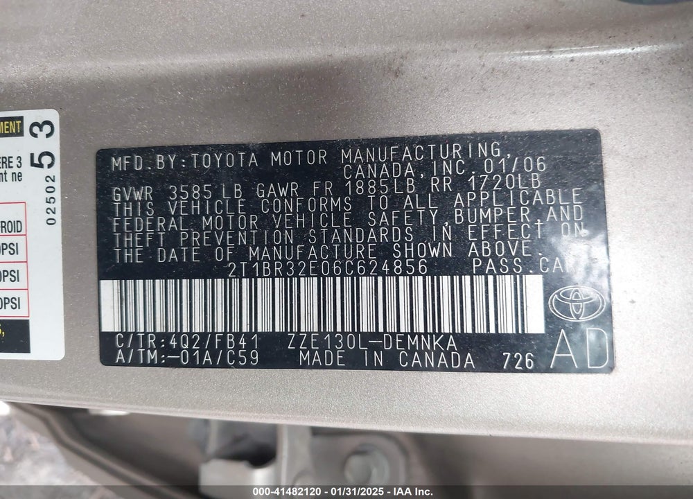2006 TOYOTA COROLLA LE VIN: 2T1BR32E06C624856