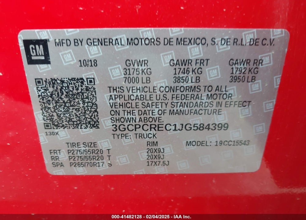 2018 CHEVROLET SILVERADO VIN: 3GCPCREC1JG584399