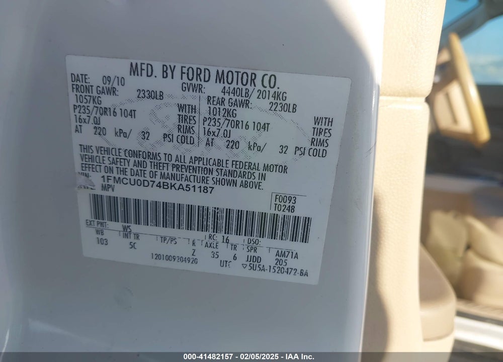 2011 FORD ESCAPE XLT VIN: 1FMCU0D74BKA51187