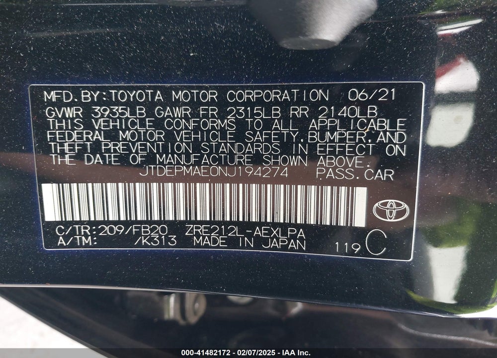 2022 TOYOTA COROLLA VIN: JTDEPMAE0NJ194274