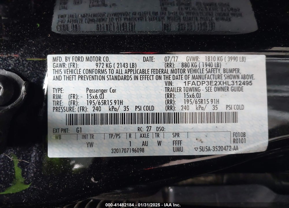 2017 FORD FOCUS S VIN: 1FADP3E2XHL312495
