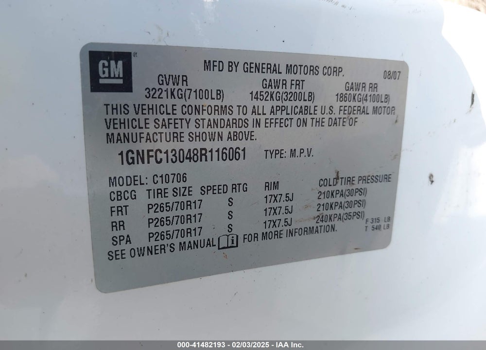 2008 CHEVROLET TAHOE VIN: 1GNFC13048R116061