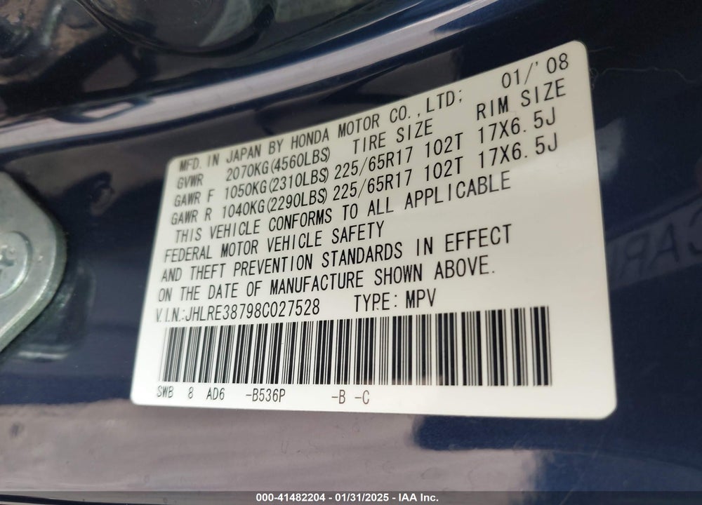 2008 HONDA CR-V VIN: JHLRE38798C027528