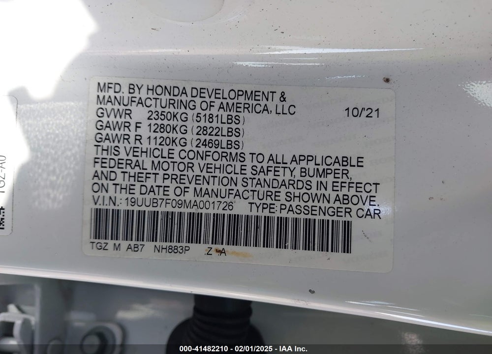 2021 ACURA TLX TYPE S VIN: 19UUB7F09MA001726
