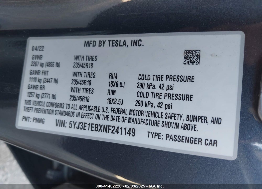 2022 TESLA MODEL 3 LONG RANGE DUAL MOTOR ALL-WHEEL DRIVE VIN: 5YJ3E1EBXNF241149