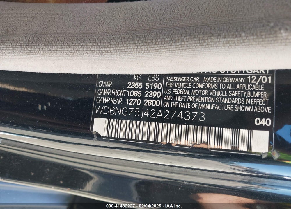 2002 MERCEDES-BENZ S 500 VIN: WDBNG75J42A274373