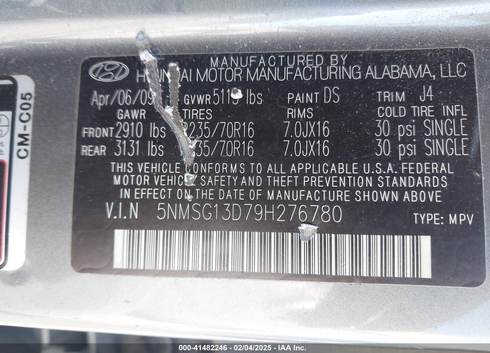 2009 HYUNDAI SANTA FE GLS VIN: 5NMSG13D79H276780