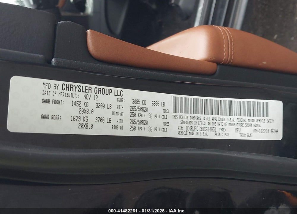 2013 JEEP GRAND CHEROKEE OVERLAND VIN: 1C4RJFCT3DC614851
