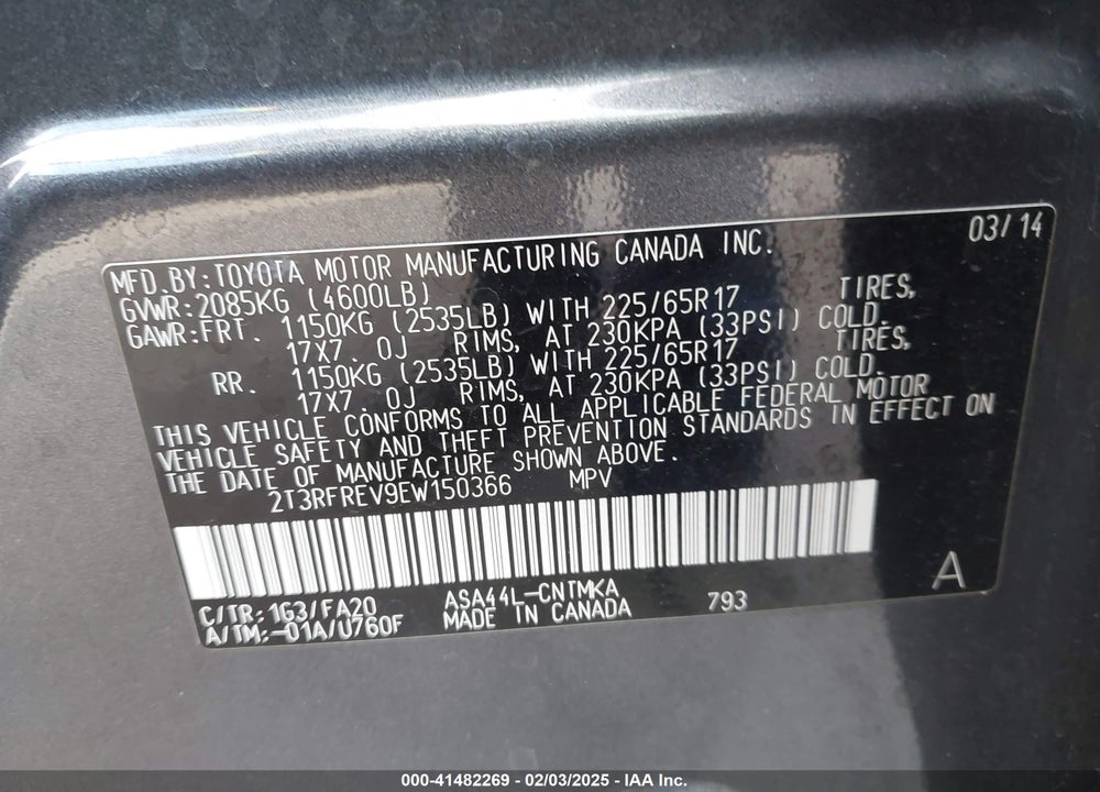 2014 TOYOTA RAV4 VIN: 2T3RFREV9EW150366