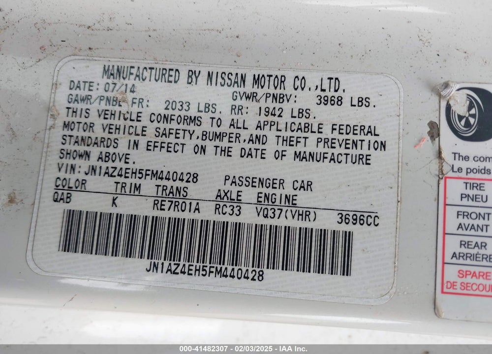 2015 NISSAN 370Z VIN: JN1AZ4EH5FM440428