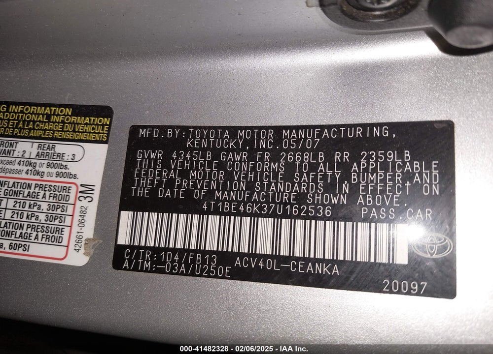 2007 TOYOTA CAMRY LE VIN: 4T1BE46K37U162536