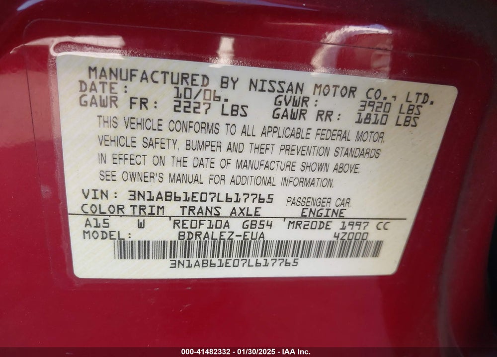 2007 NISSAN SENTRA 2.0S VIN: 3N1AB61E07L617765