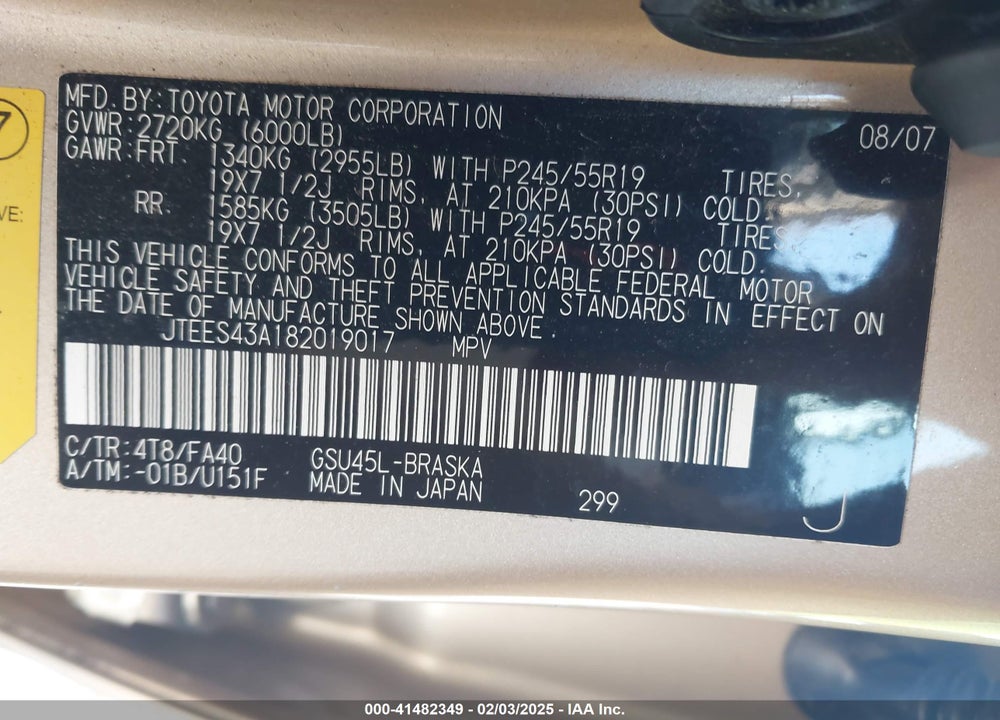 2008 TOYOTA HIGHLANDER VIN: JTEES43A182019017