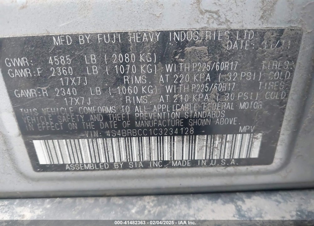 2012 SUBARU OUTBACK VIN: 4S4BRBCC1C3234128