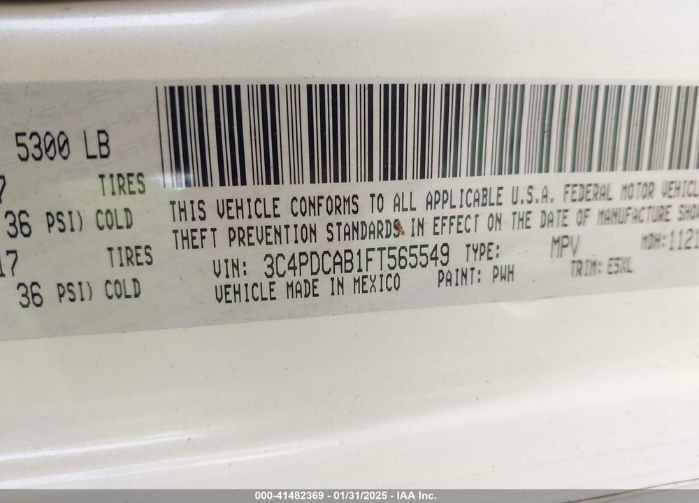 2015 DODGE JOURNEY AMERICAN VALUE PKG VIN: 3C4PDCAB1FT565549