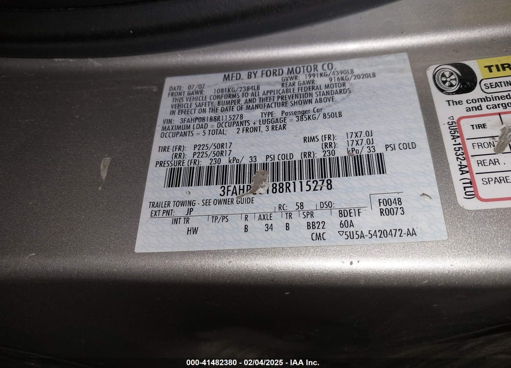 2008 FORD FUSION SEL VIN: 3FAHP08188R115278