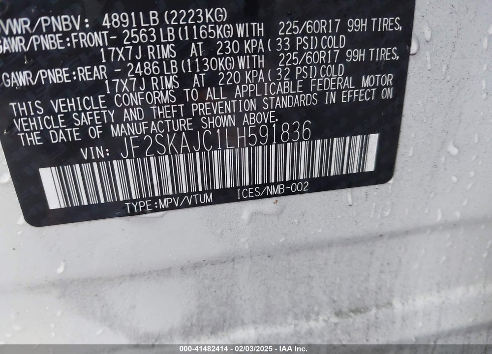 2020 SUBARU FORESTER VIN: JF2SKAJC1LH591836