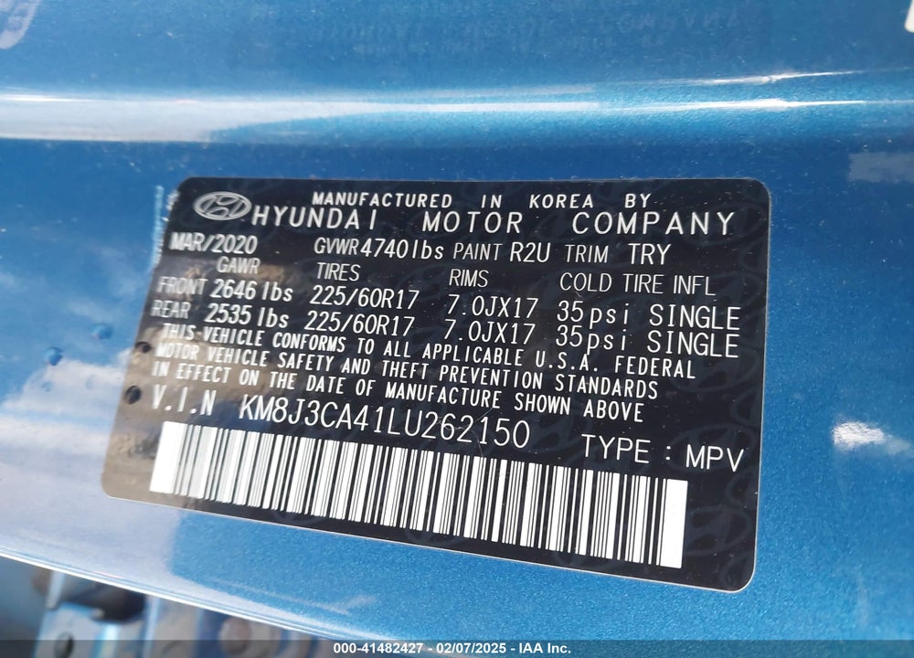 2020 HYUNDAI TUCSON VIN: KM8J3CA41LU262150