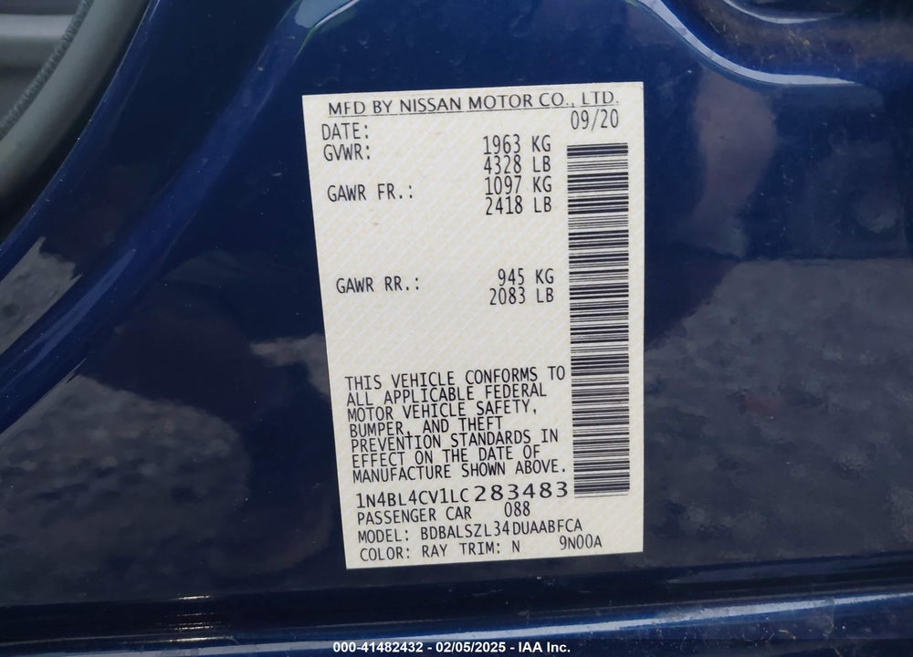 2020 NISSAN ALTIMA VIN: 1N4BL4CV1LC283483