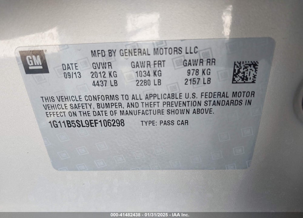 2014 CHEVROLET MALIBU VIN: 1G11B5SL9EF106298