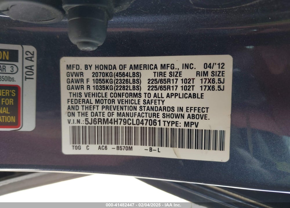 2012 HONDA CR-V EX-L VIN: 5J6RM4H79CL047061