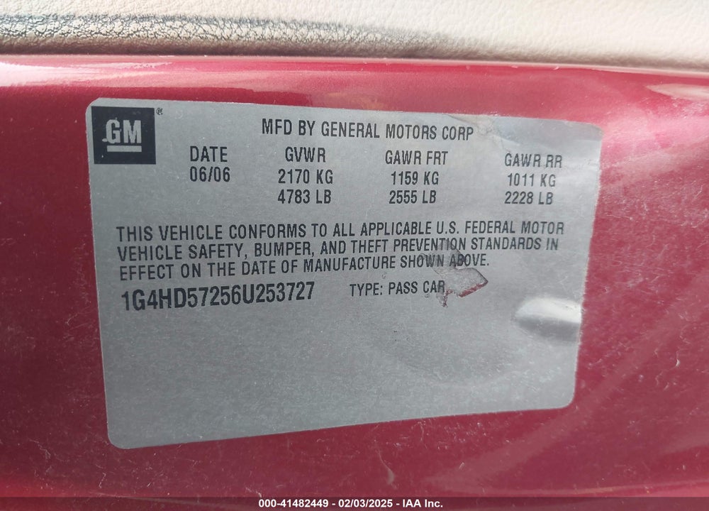 2006 BUICK LUCERNE VIN: 1G4HD57256U253727