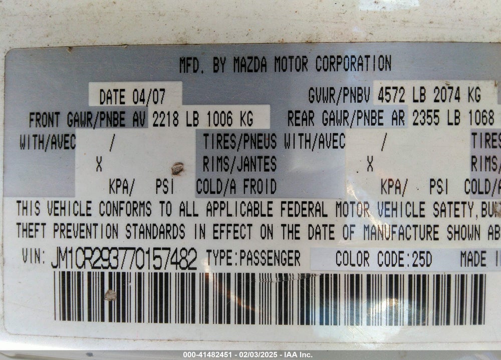 2007 MAZDA MAZDA5 VIN: JM1CR293770157482