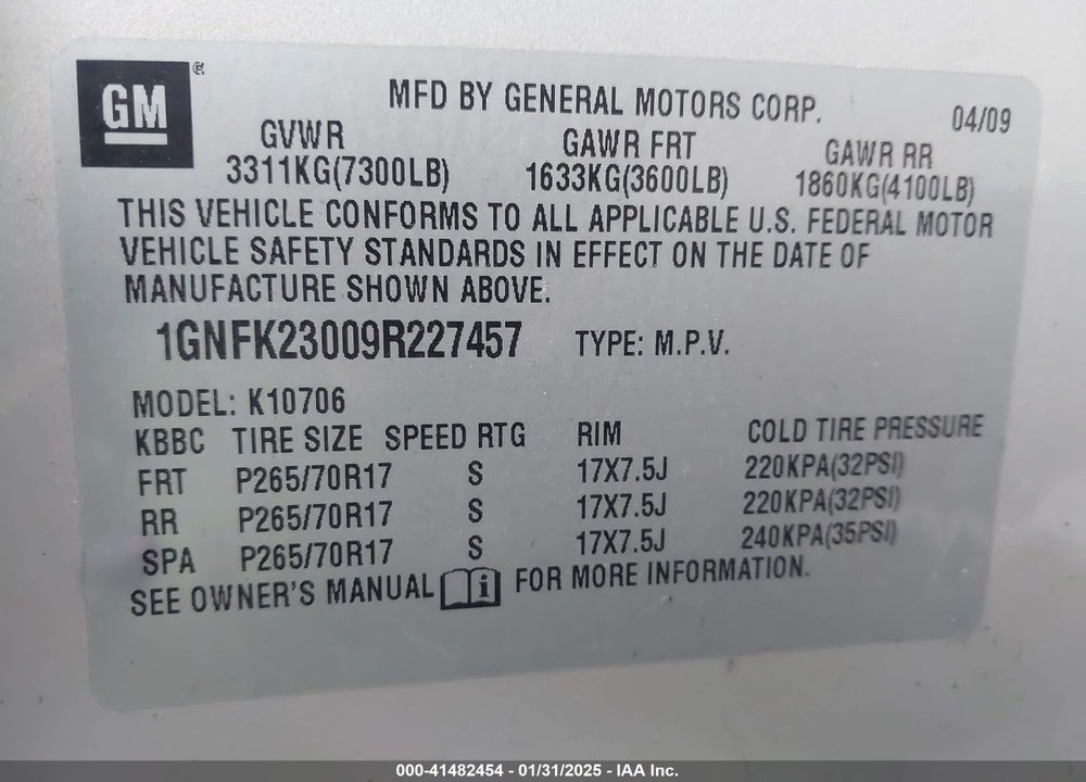 2009 CHEVROLET TAHOE LT1 VIN: 1GNFK23009R227457