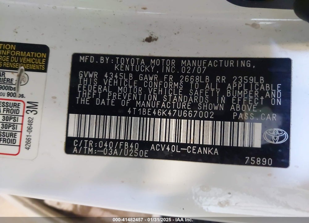 2007 TOYOTA CAMRY LE VIN: 4T1BE46K47U667002