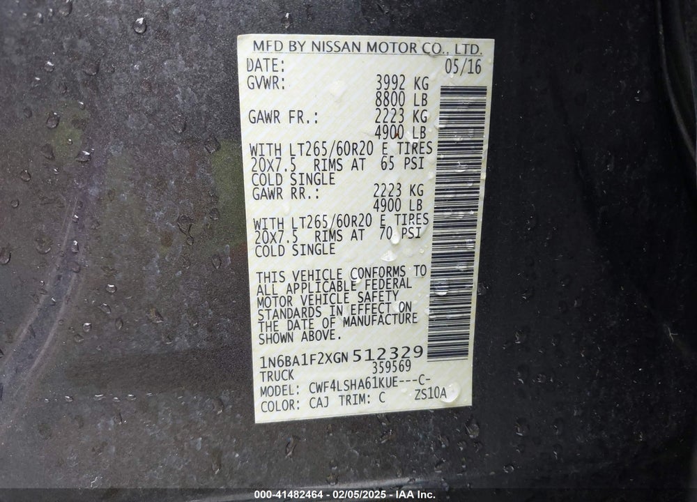 2016 NISSAN TITAN XD VIN: 1N6BA1F2XGN512329