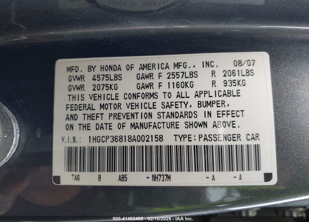 2008 HONDA ACCORD VIN: 1HGCP36818A002158
