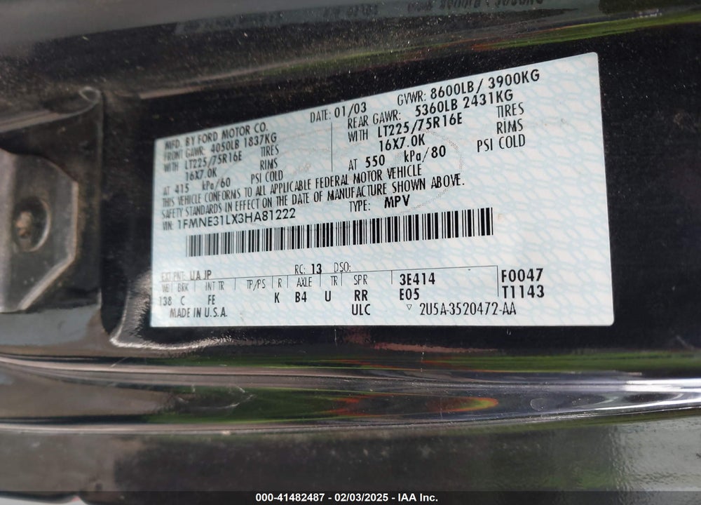 2003 FORD E-350 SUPER DUTY CHATEAU/XL/XLT VIN: 1FMNE31LX3HA81222