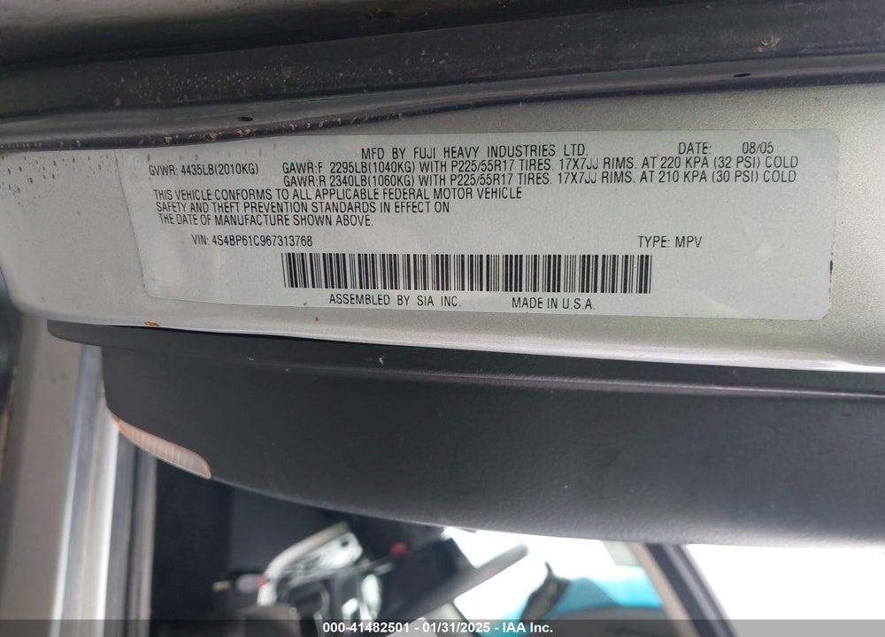 2006 SUBARU OUTBACK 2.5I VIN: 4S4BP61C967313768