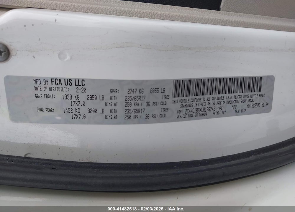 2020 CHRYSLER PACIFICA VIN: 2C4RC1BGXLR176742