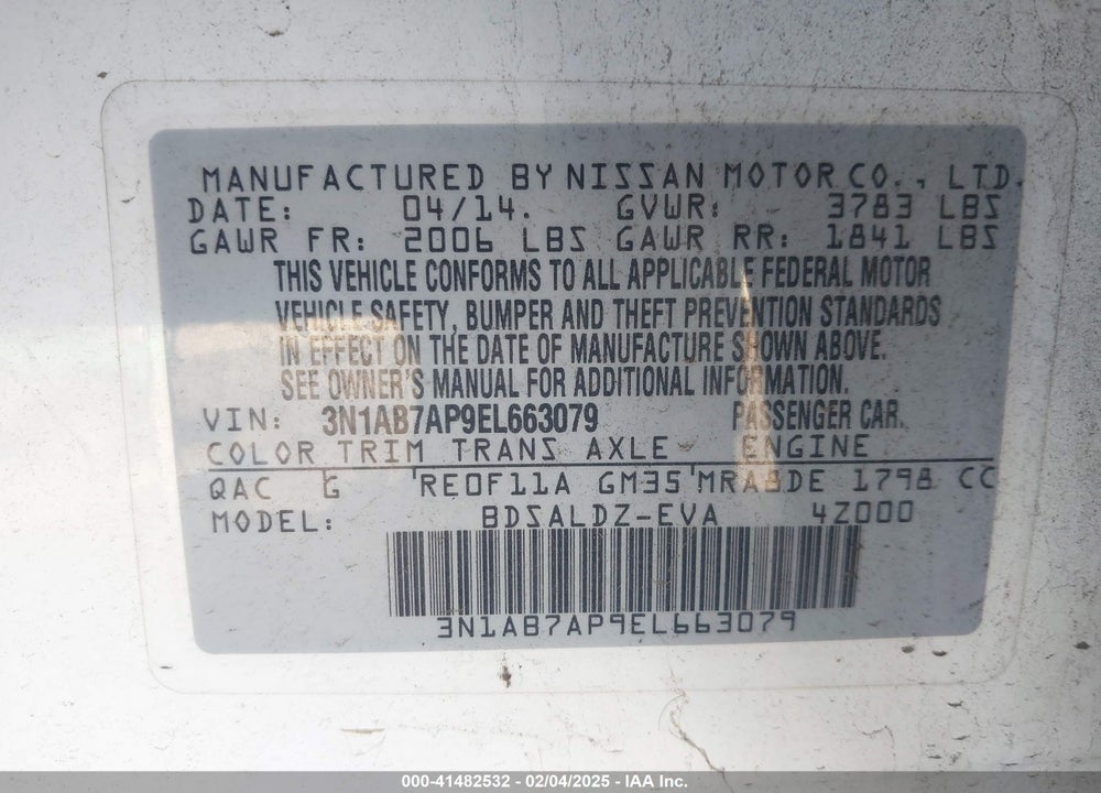2014 NISSAN SENTRA VIN: 3N1AB7AP9EL663079