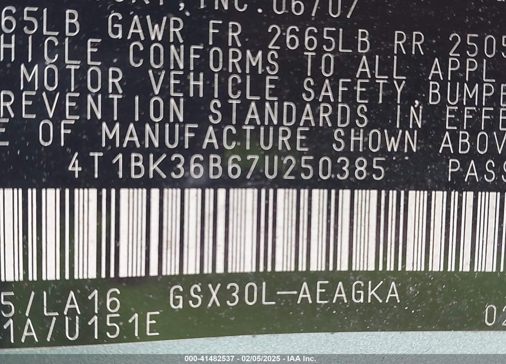 2007 TOYOTA AVALON XLS VIN: 4T1BK36B67U250385