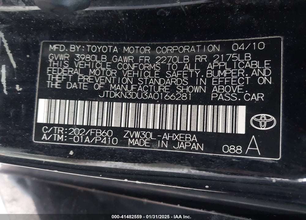 2010 TOYOTA PRIUS II VIN: JTDKN3DU3A0166281