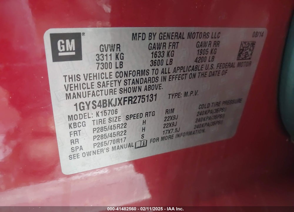 2015 CADILLAC ESCALADE LUXURY VIN: 1GYS4BKJXFR275131
